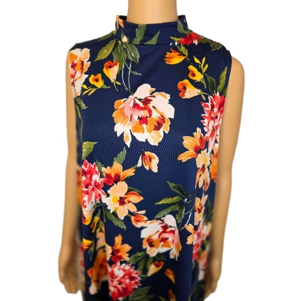 Tiana B Navy Blue Mock Neck Knee Length Sleeveless Floral Dress 1X - Picture 9 of 11